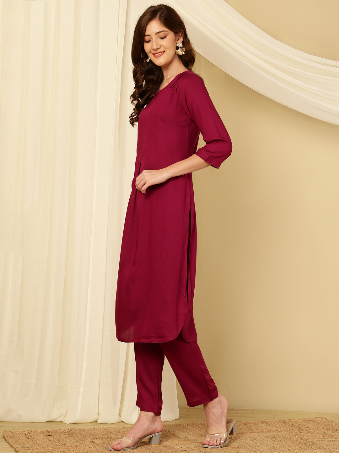 Purple Pleated Straight Kurta With Pants