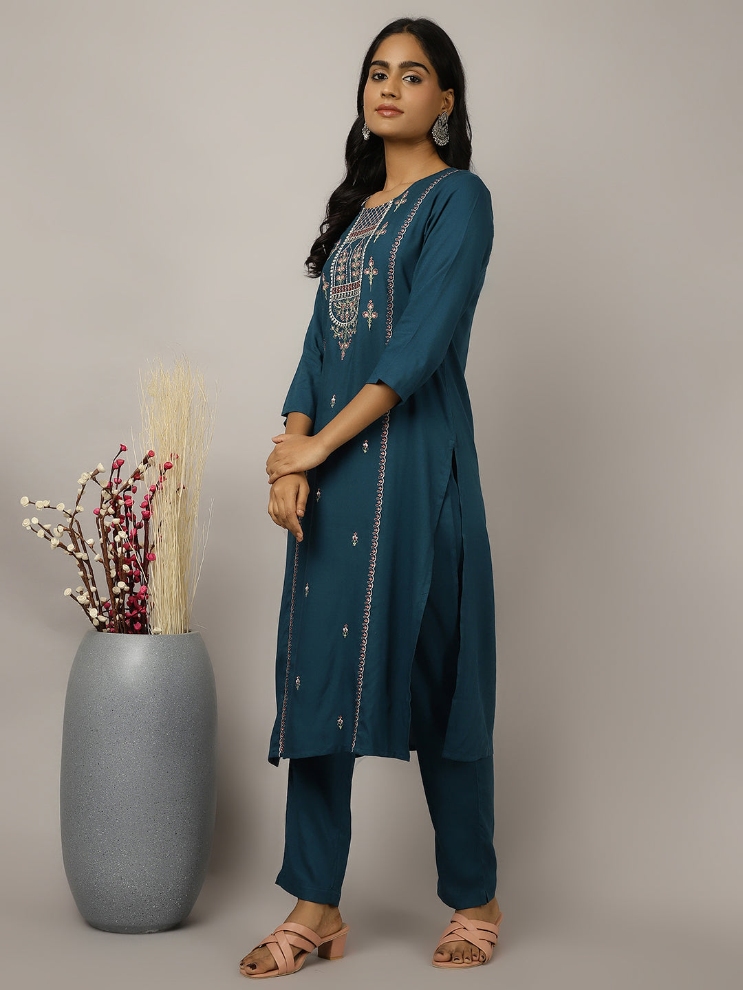 Teal Embroidered Kurta Set With Dupatta