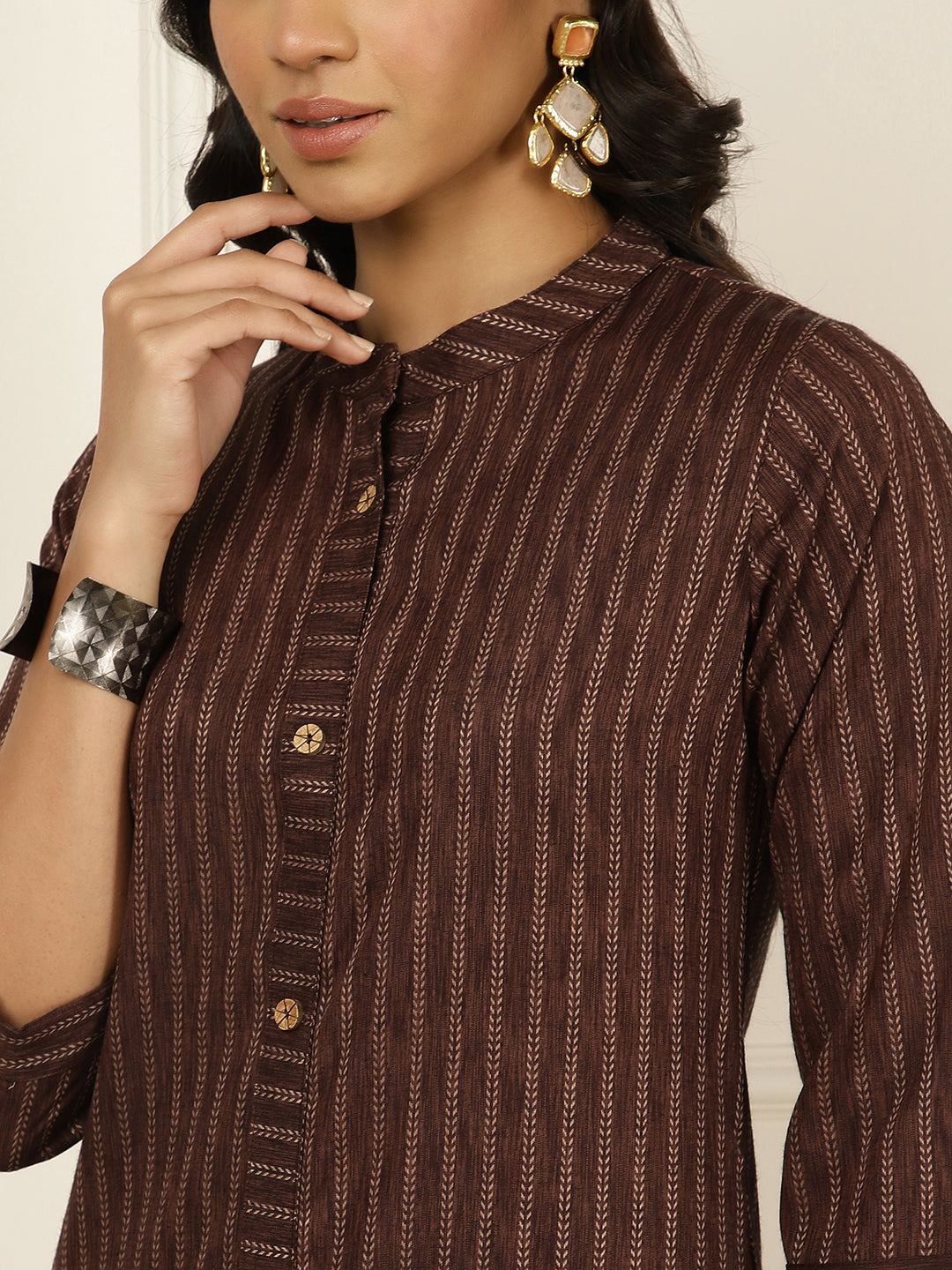 Self-Design Straight Brown Kurta With Palazzo