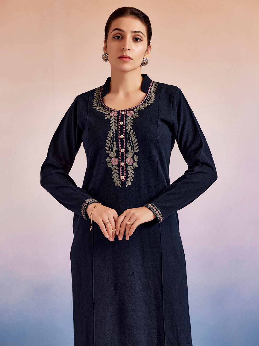 Navy Blue Embroidered Woolen Straight Kurta