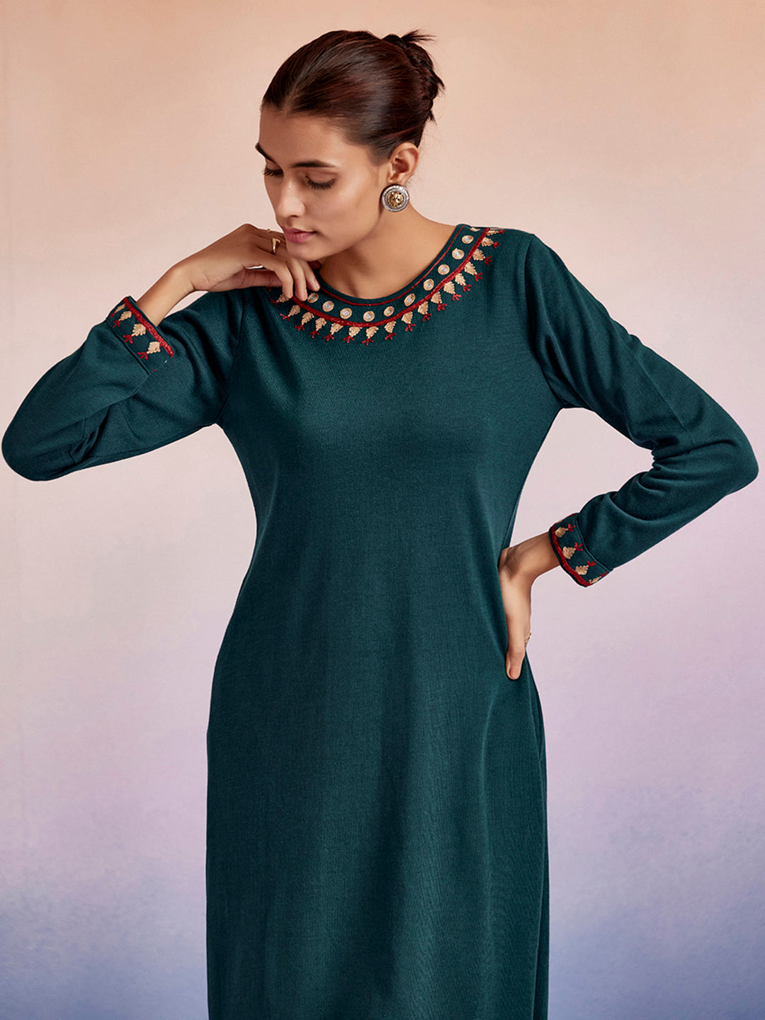 Teal Embroidered Straight Woolen Kurta