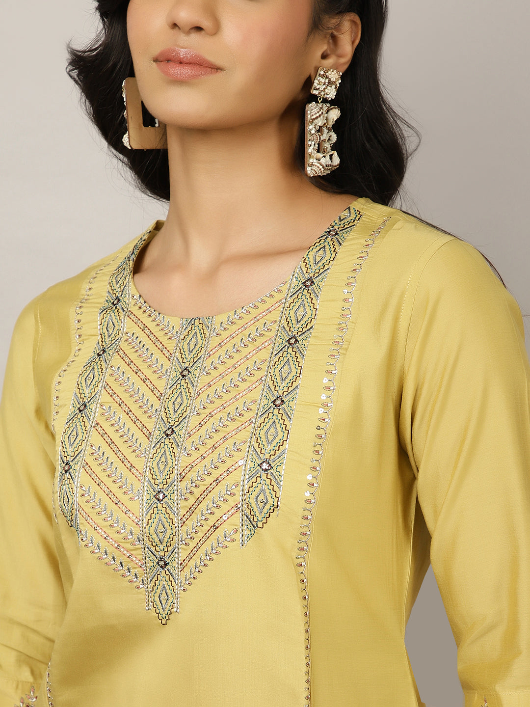 Silk Blend Yellow Embroidered Suit Set