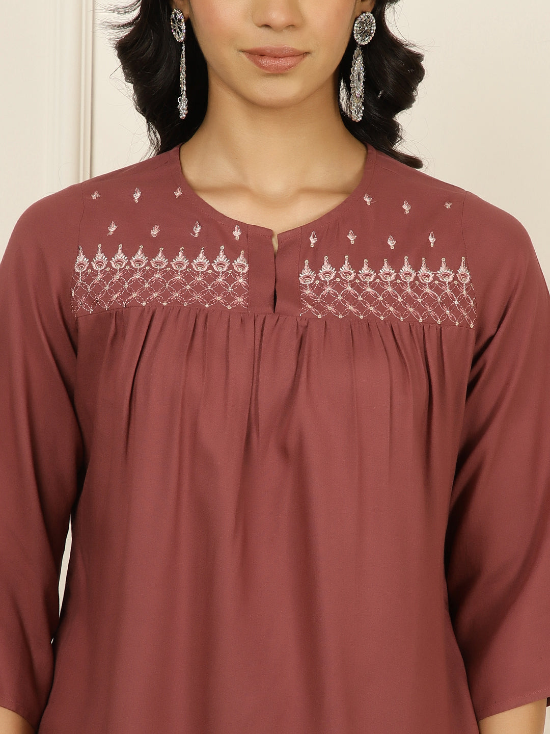 Mauve Embroidered Gathered Top