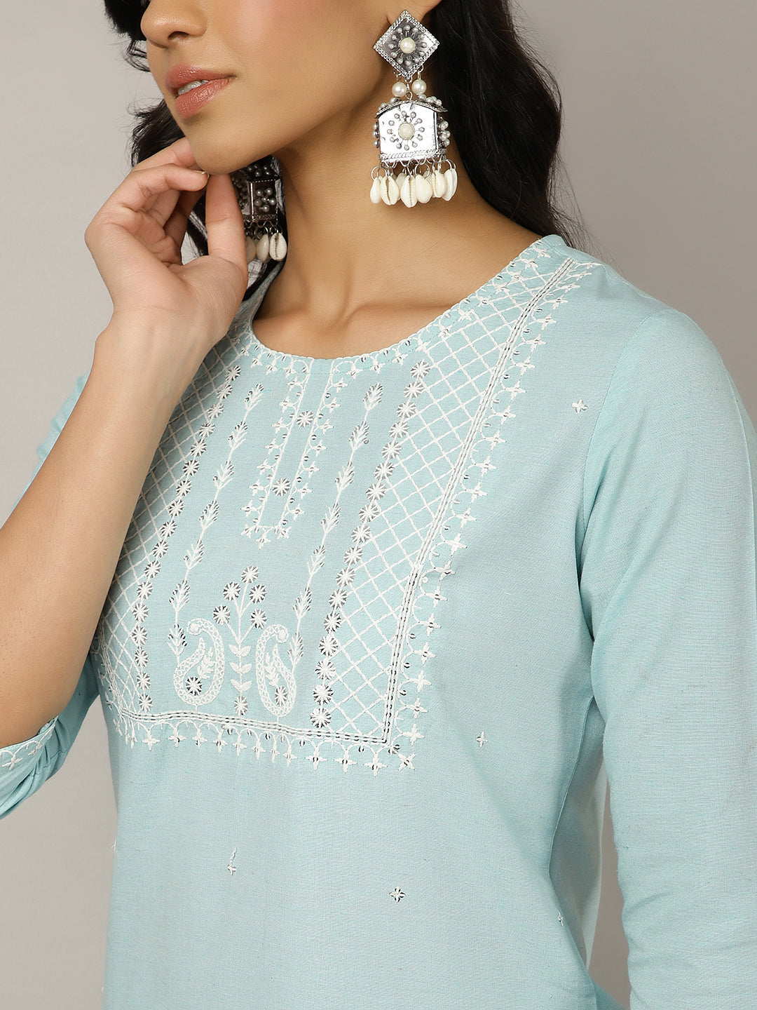 Light Blue Sequin Embroidered Suit Set