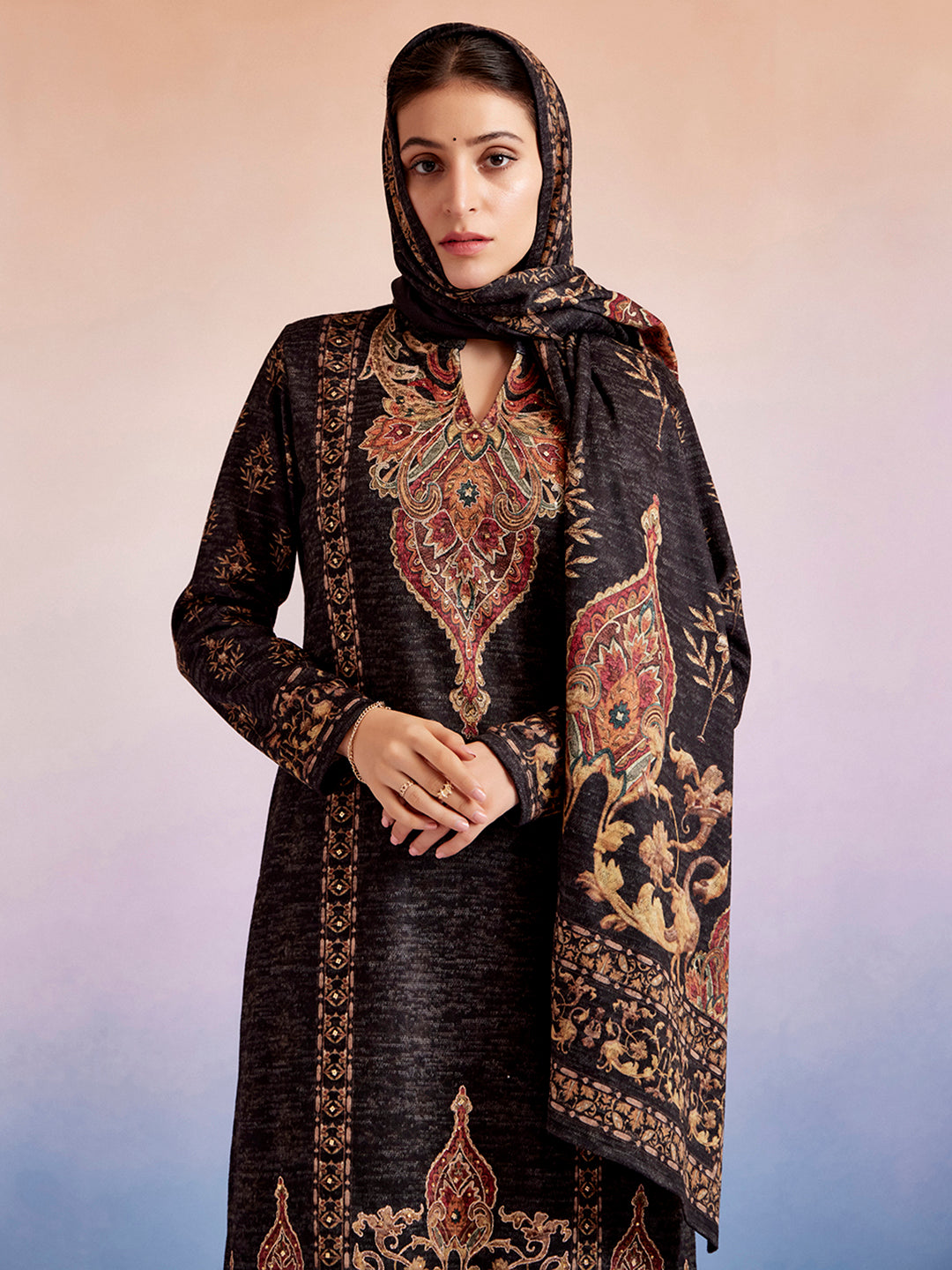 Black Woolen Ethnic Printed Kurta Set With Dupatta