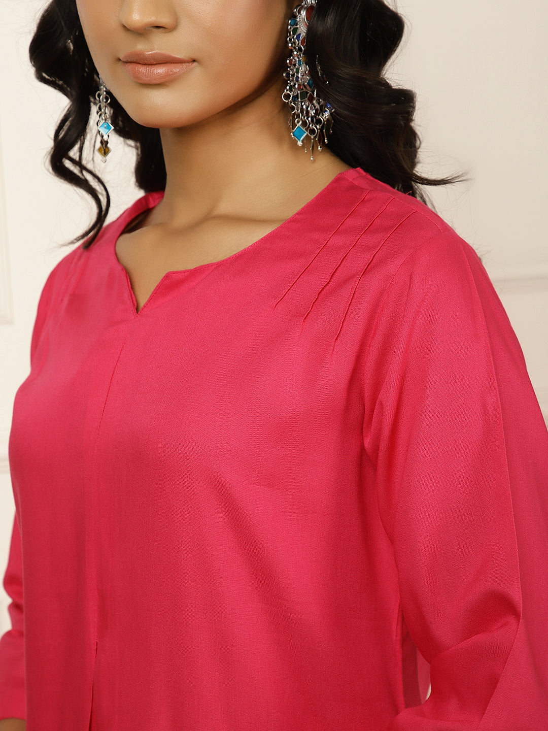 Fuchsia Pleated Straight Kurta With Pants