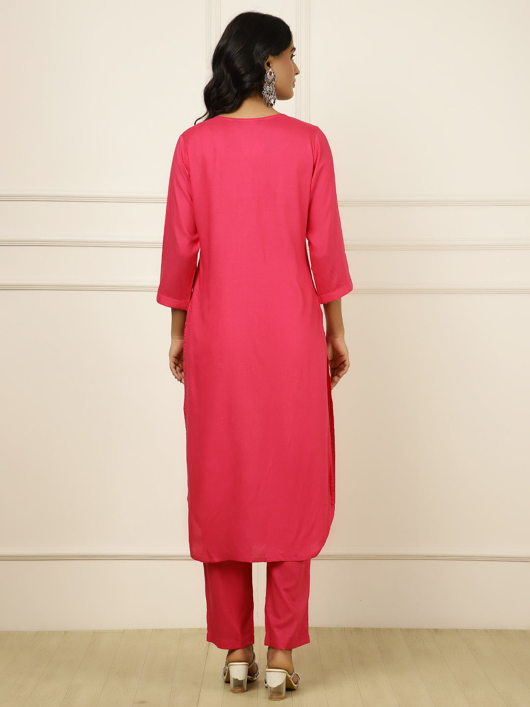 Fuchsia Pleated Straight Kurta With Pants