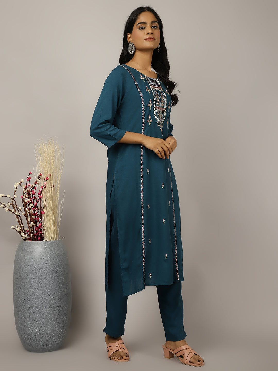 Teal Embroidered Kurta Set With Dupatta