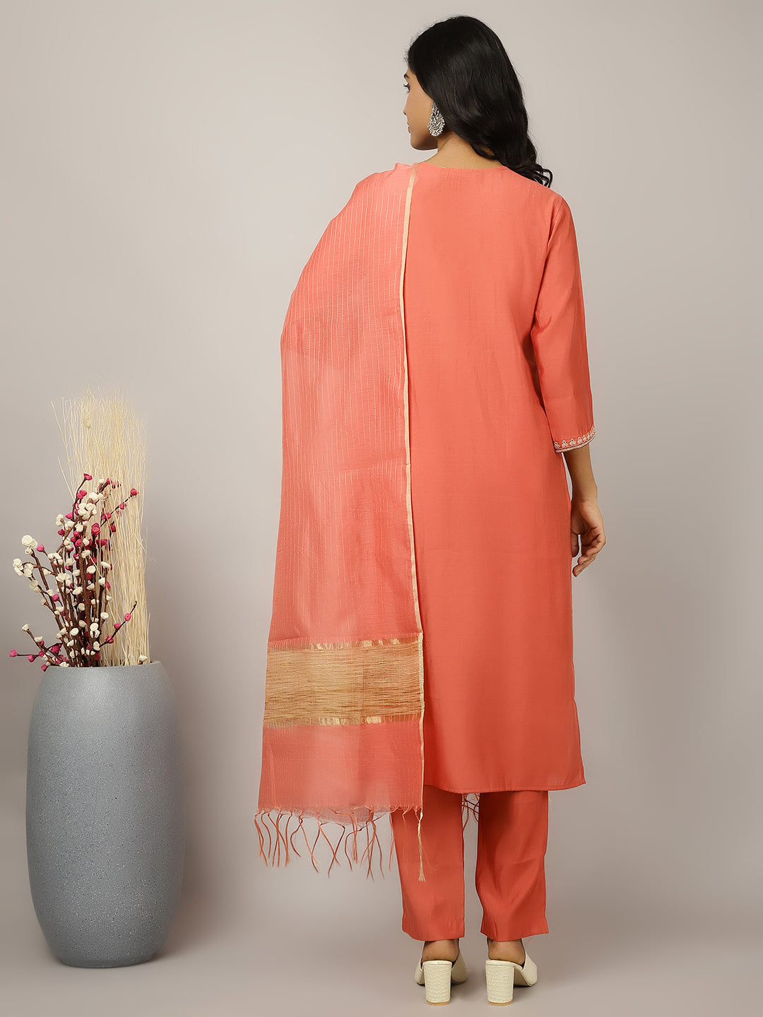 Silk Blend Coral Embroidered Suit Set