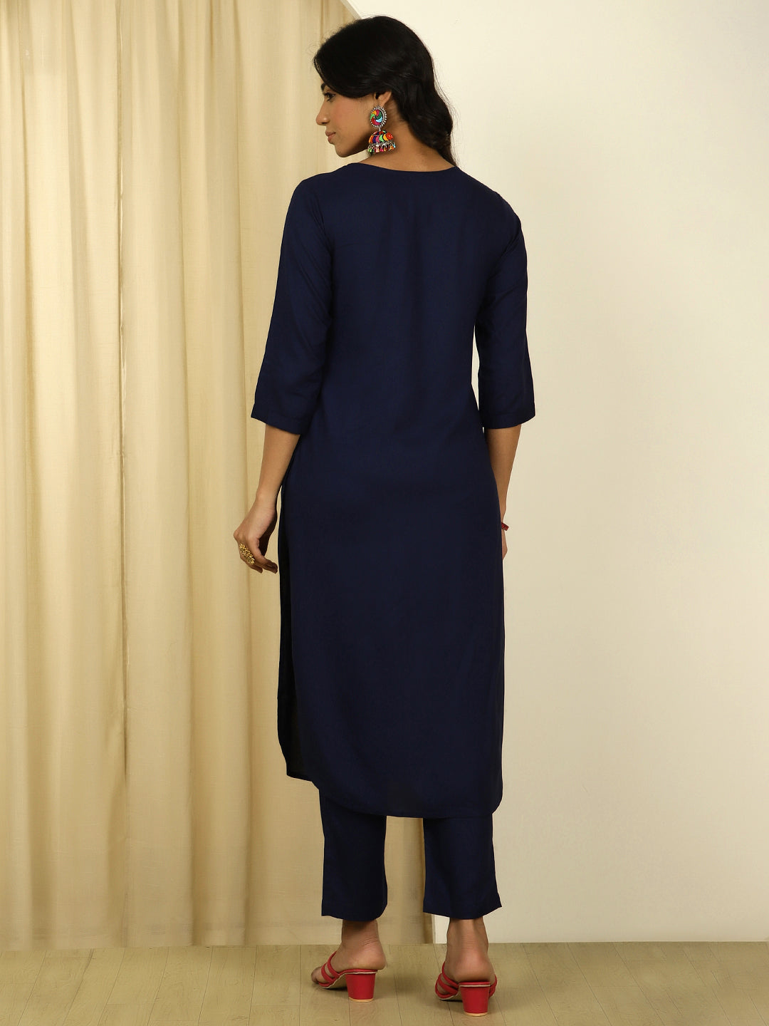 Navy Blue Pleated Straight Kurta With Pants