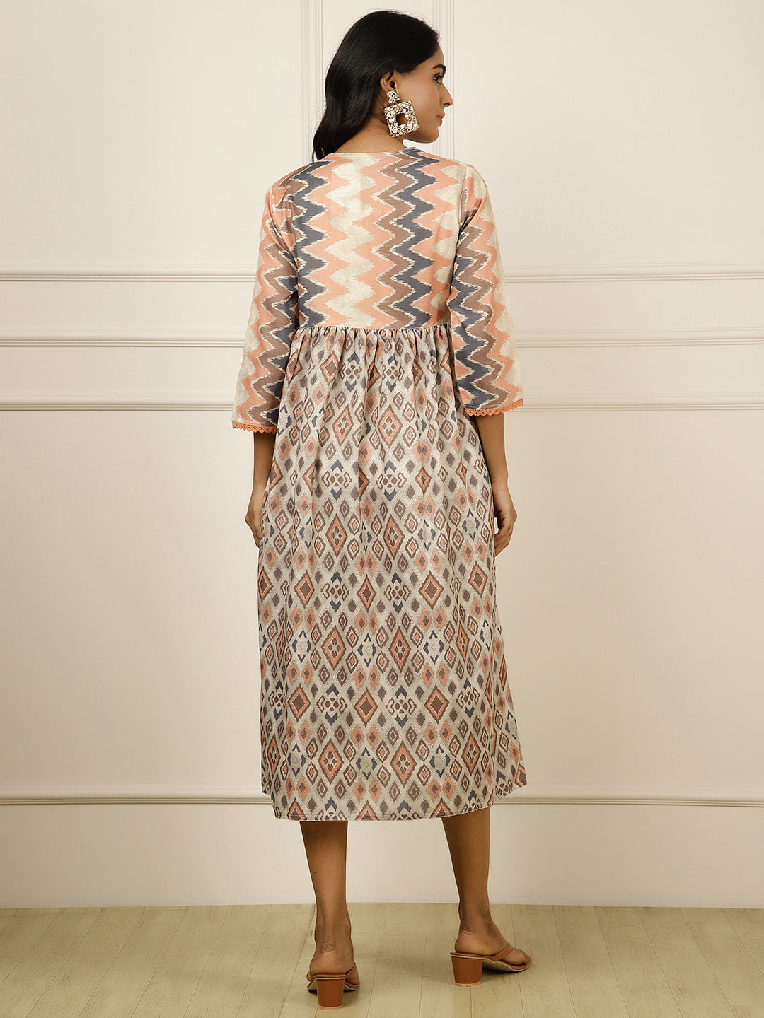 Geometric Printed Gathered Peach Dress