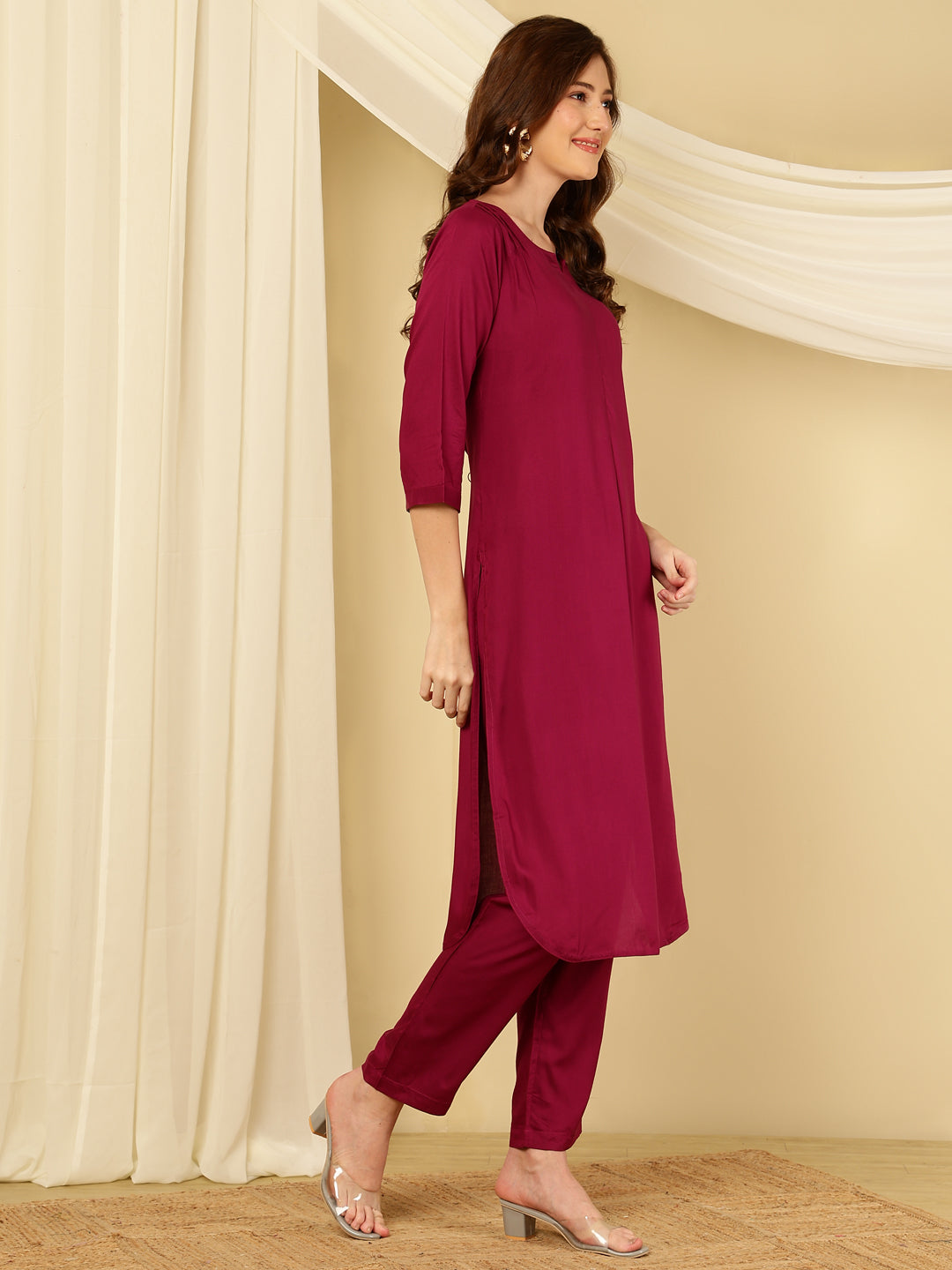 Purple Pleated Straight Kurta With Pants