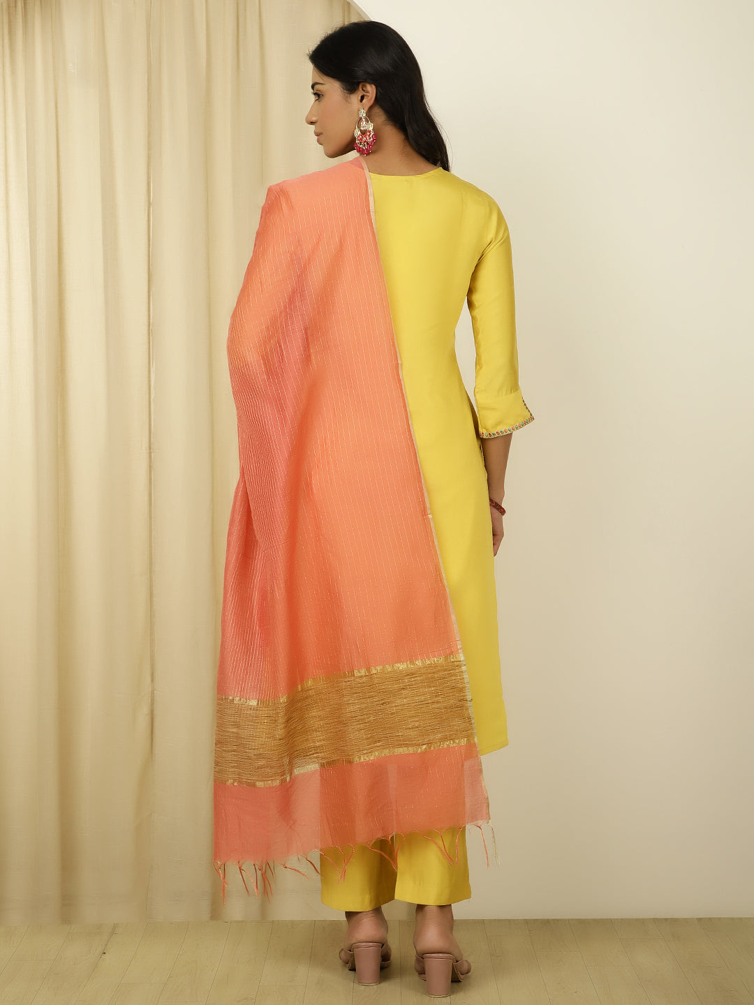 Silk Blend Mustard Embroidered Suit Set