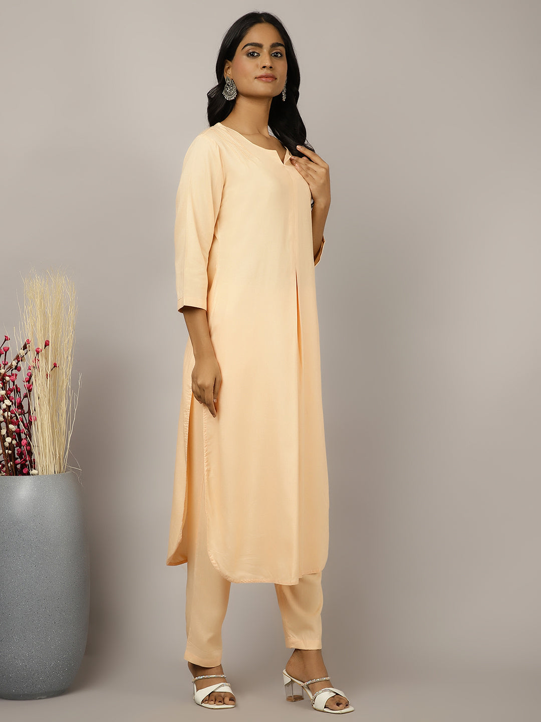 Peach Pleated Straight Kurta With Pants