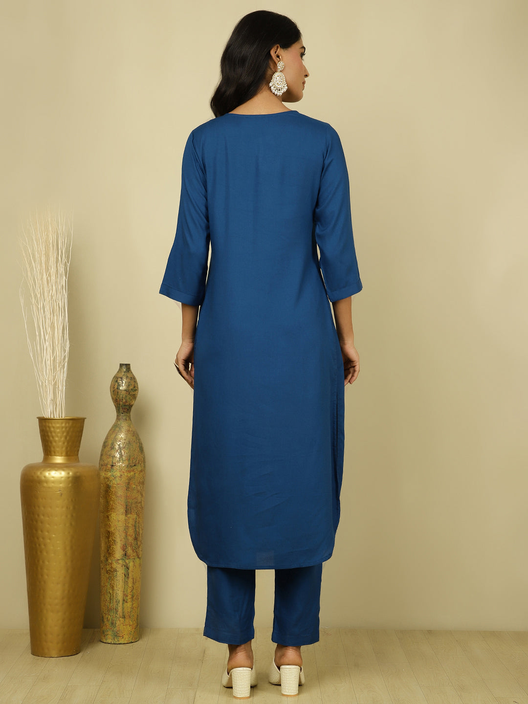 Teal Blue Pleated Straight Kurta With Pants