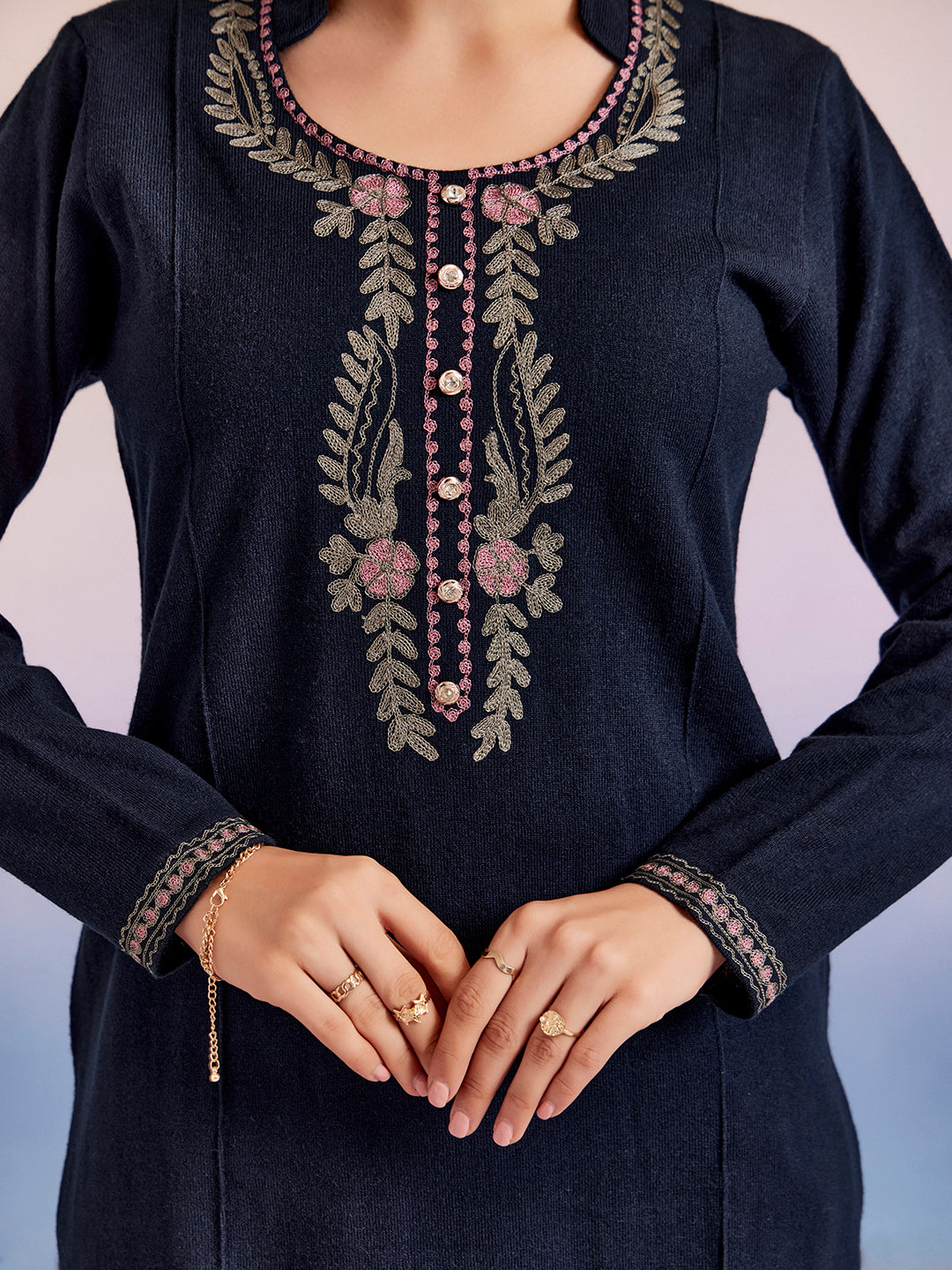 Navy Blue Embroidered Woolen Straight Kurta