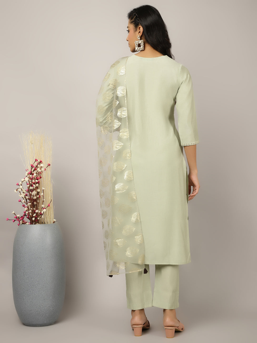 Mint Green Silk Blend Embroidered Suit Set