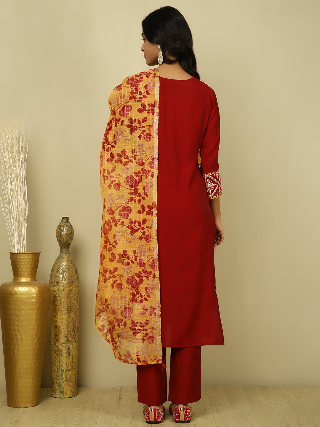 Maroon Silk Blend Embroidered Suit Set