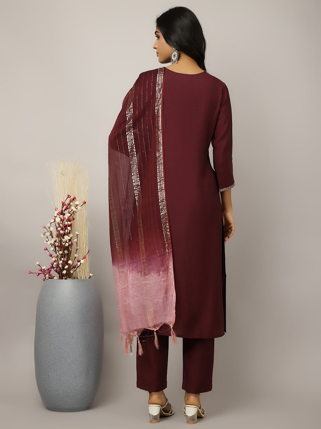 Silk Blend Wine Embroidered Suit Set