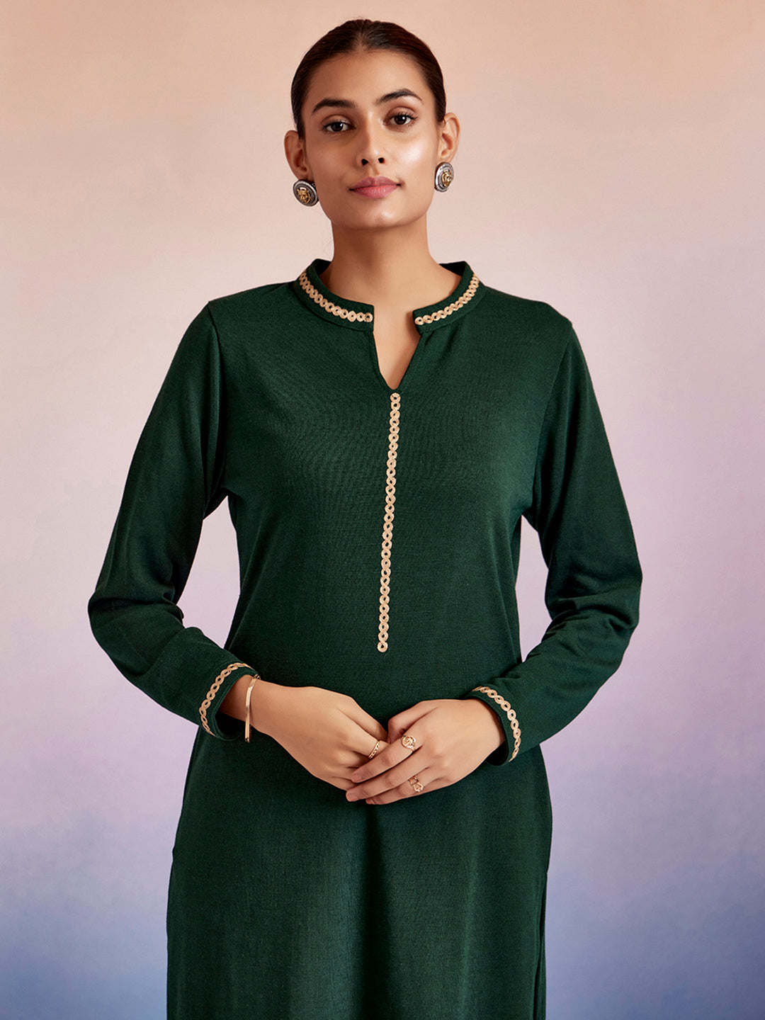 Dark Green Embroidered Straight Woolen Kurta