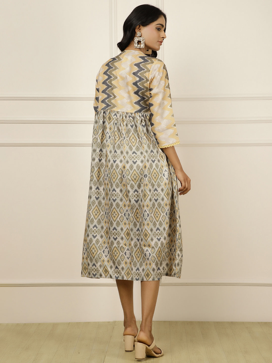 Geometric Printed Gathered Mustard Dress