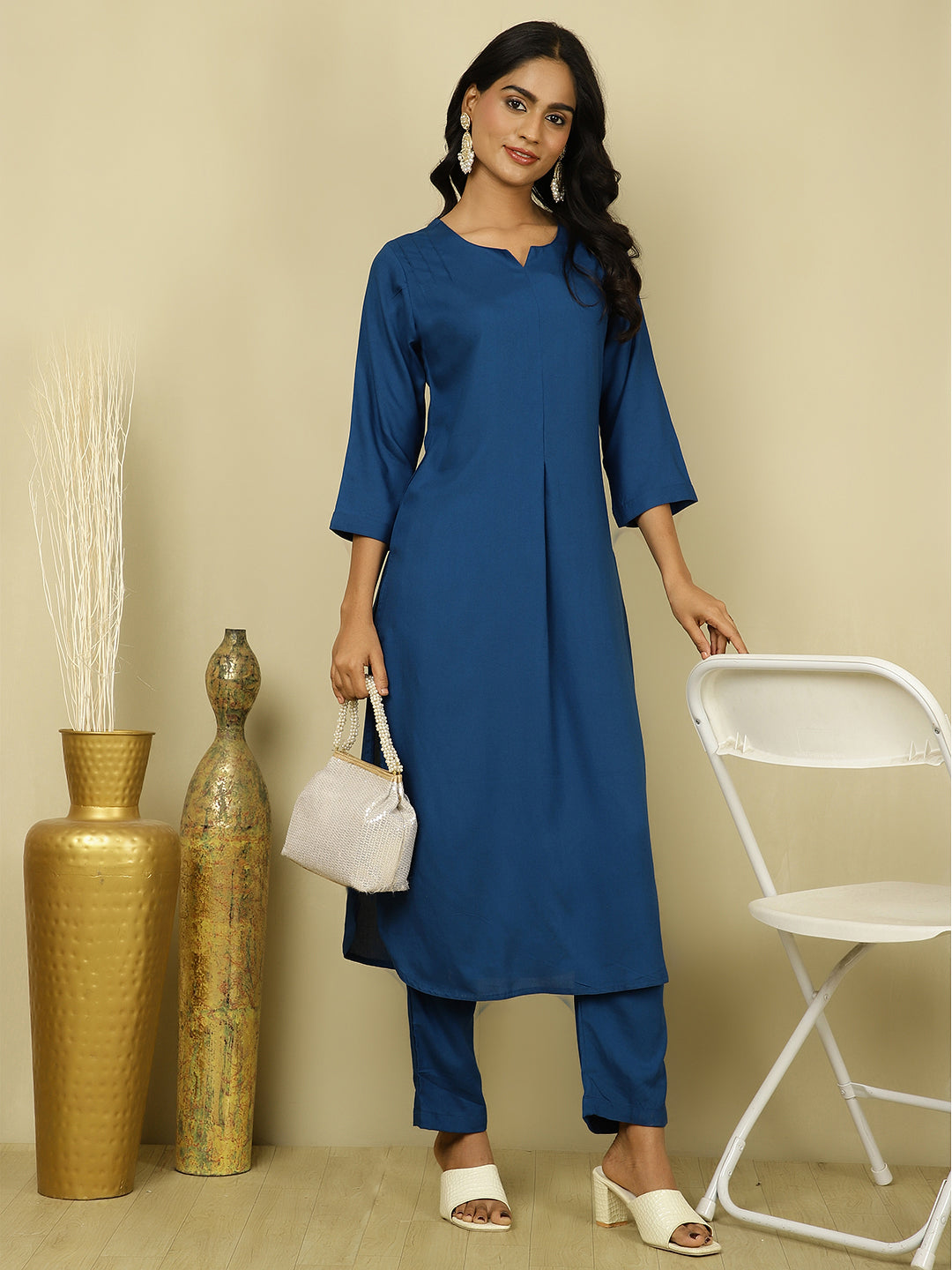 Teal Blue Pleated Straight Kurta With Pants