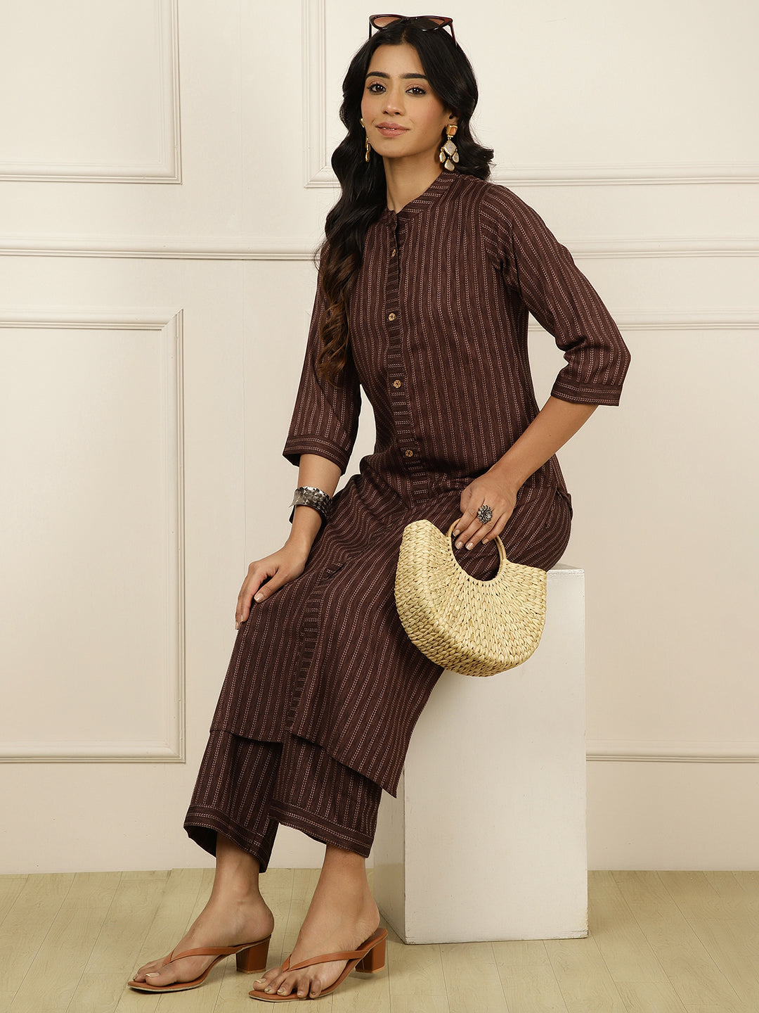 Self-Design Straight Brown Kurta With Palazzo