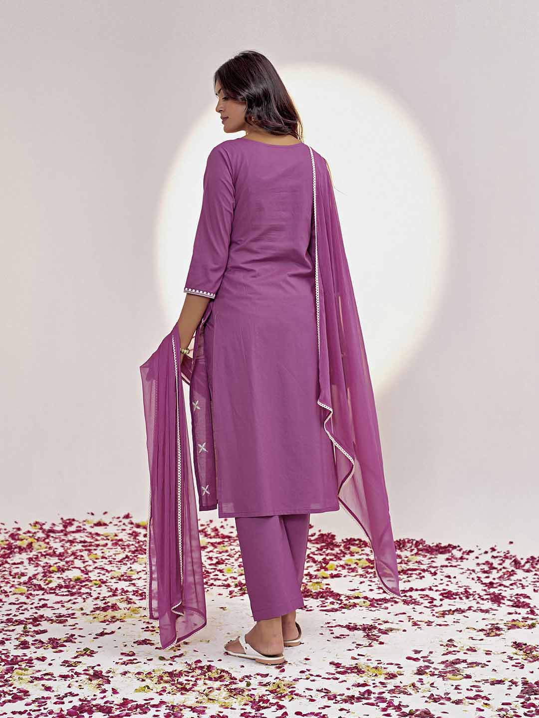 Magenta Threadwork Embroidered Pure Cotton Kurta Set With Dupatta