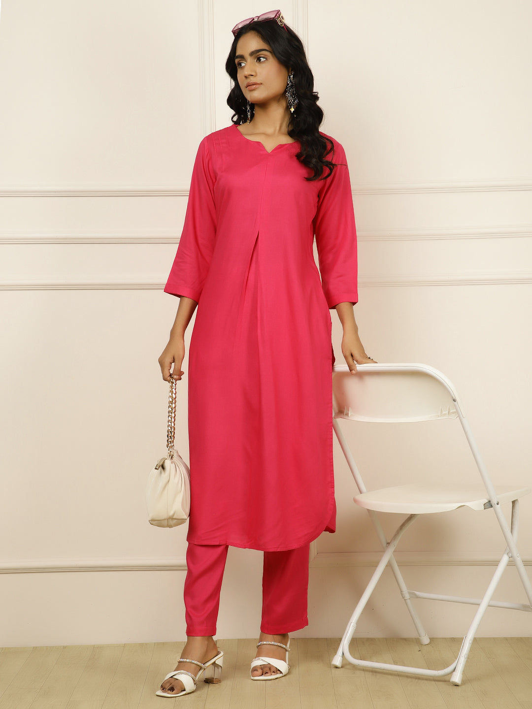 Fuchsia Pleated Straight Kurta With Pants