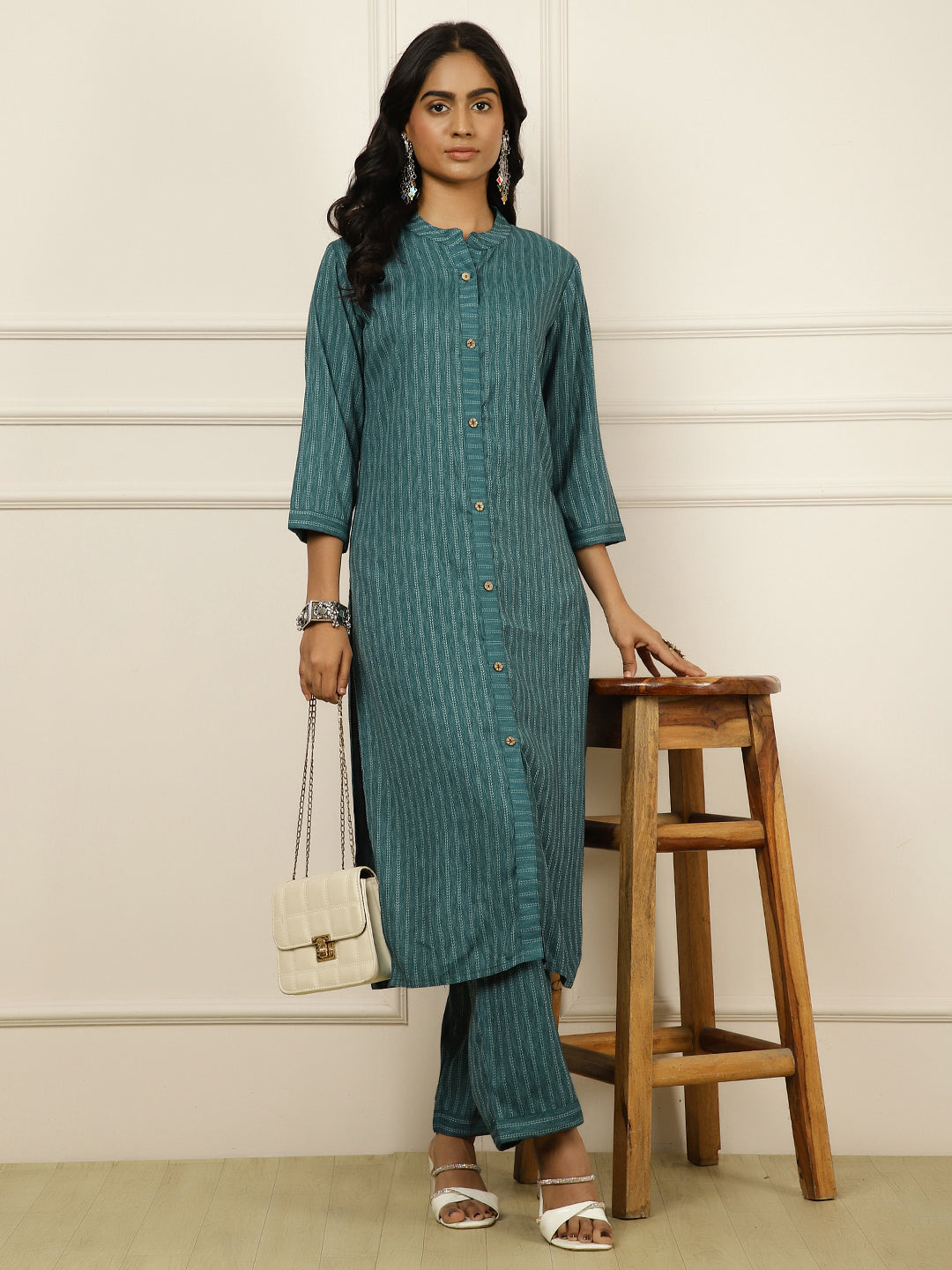 Self-Design Straight Teal Kurta With Palazzo