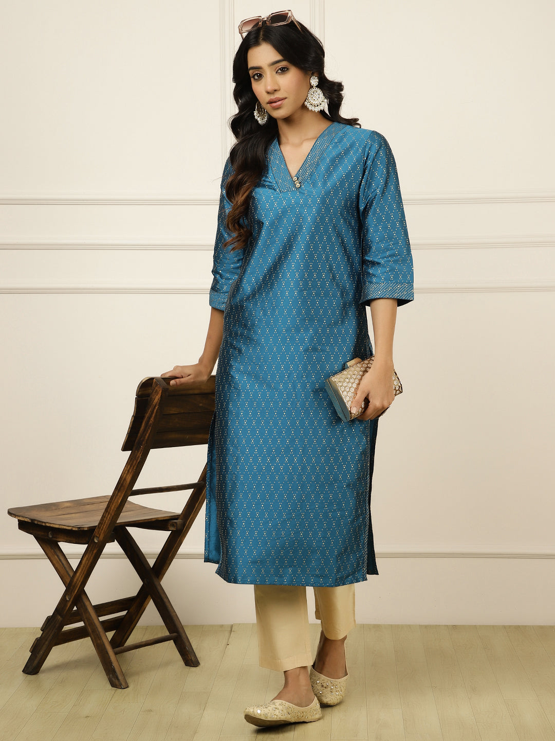 Teal Blue Ethnic Printed Straight Kurta