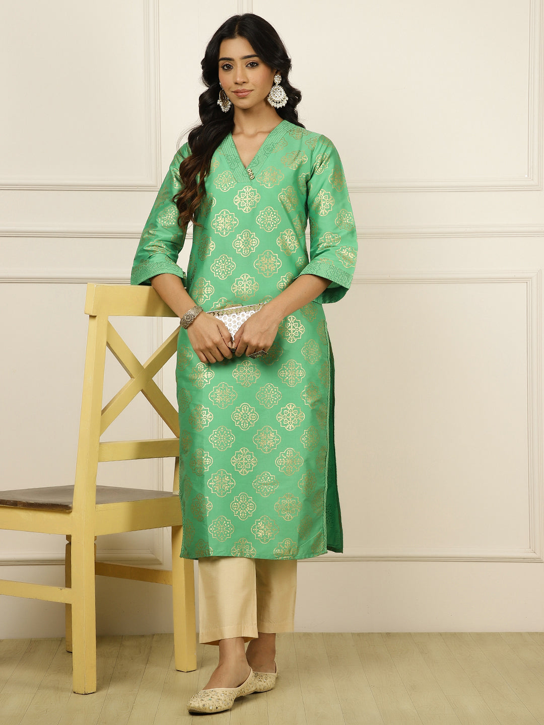 Green Ethnic Printed Straight Kurta