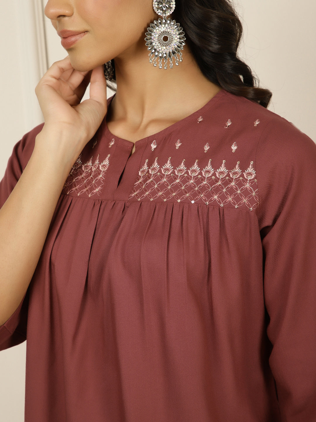 Mauve Embroidered Gathered Top