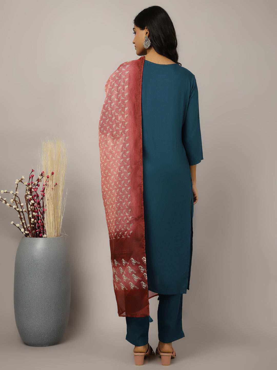 Teal Embroidered Kurta Set With Dupatta