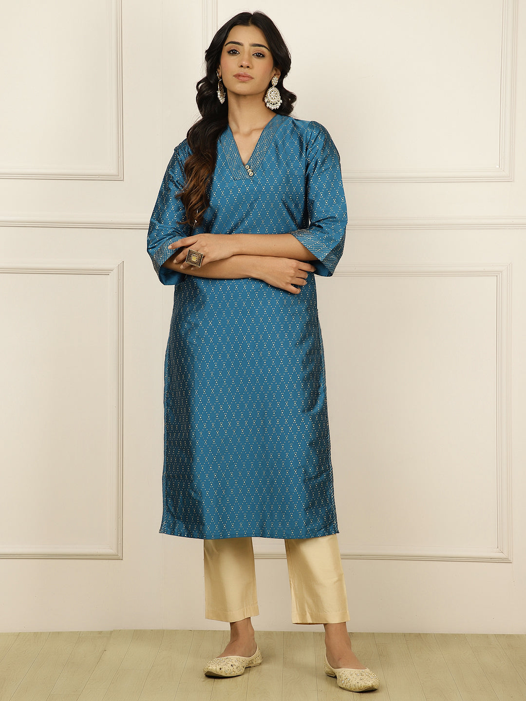 Teal Blue Ethnic Printed Straight Kurta