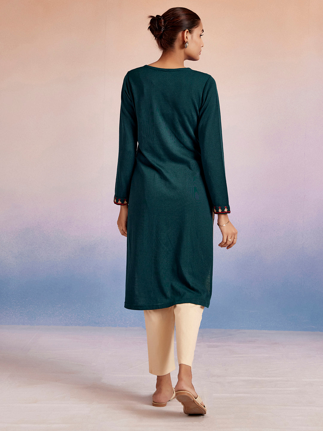 Teal Embroidered Straight Woolen Kurta