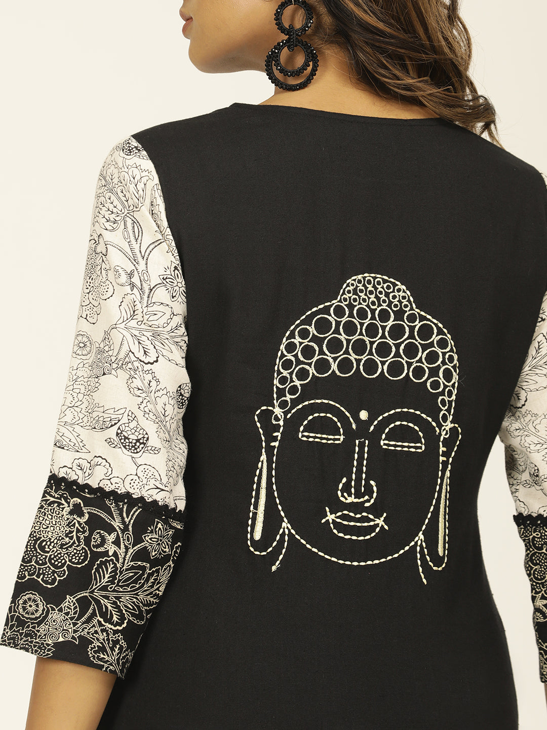 Black Handblock Printed Buddha Embroidered Kurta Set