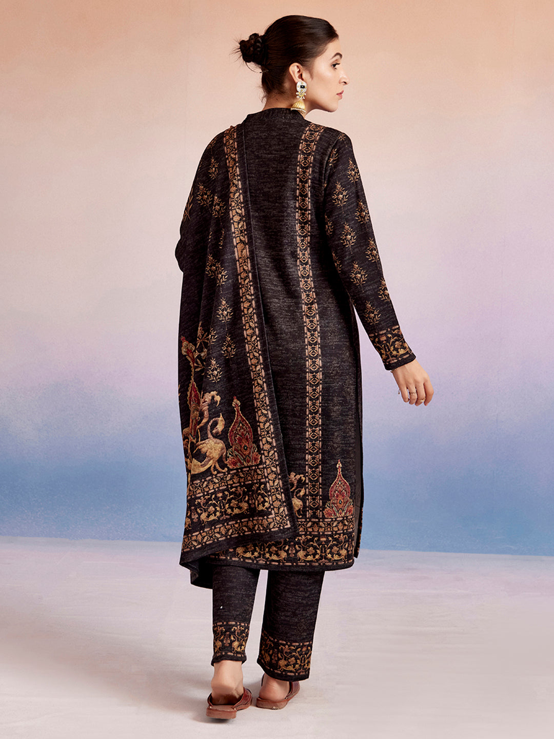 Black Woolen Ethnic Printed Kurta Set With Dupatta