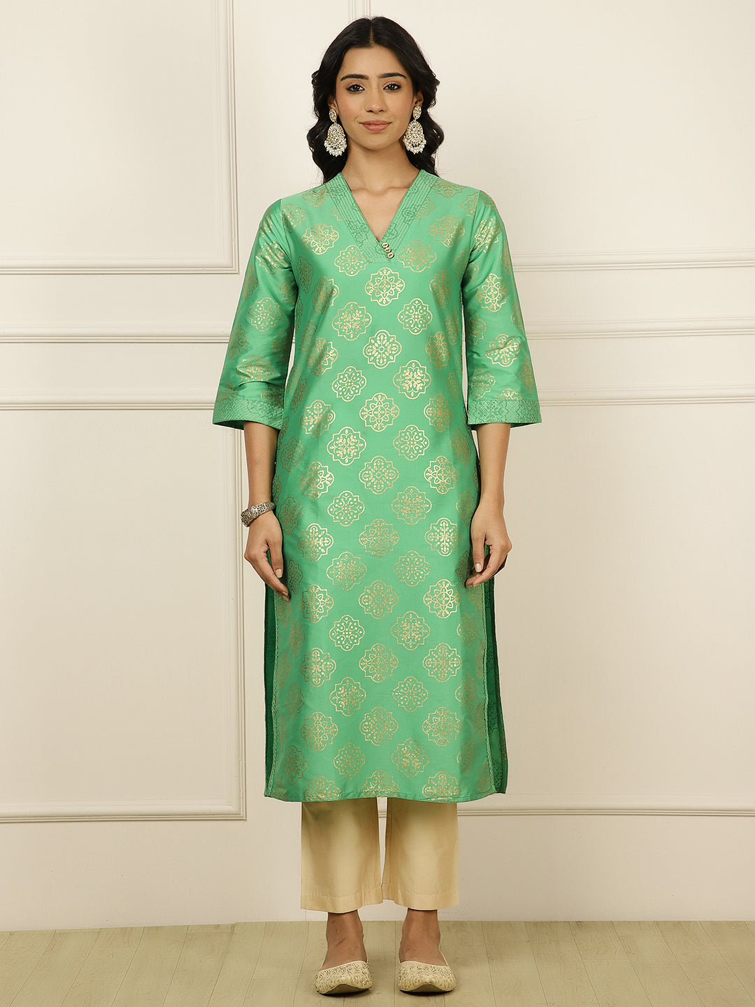 Green Ethnic Printed Straight Kurta