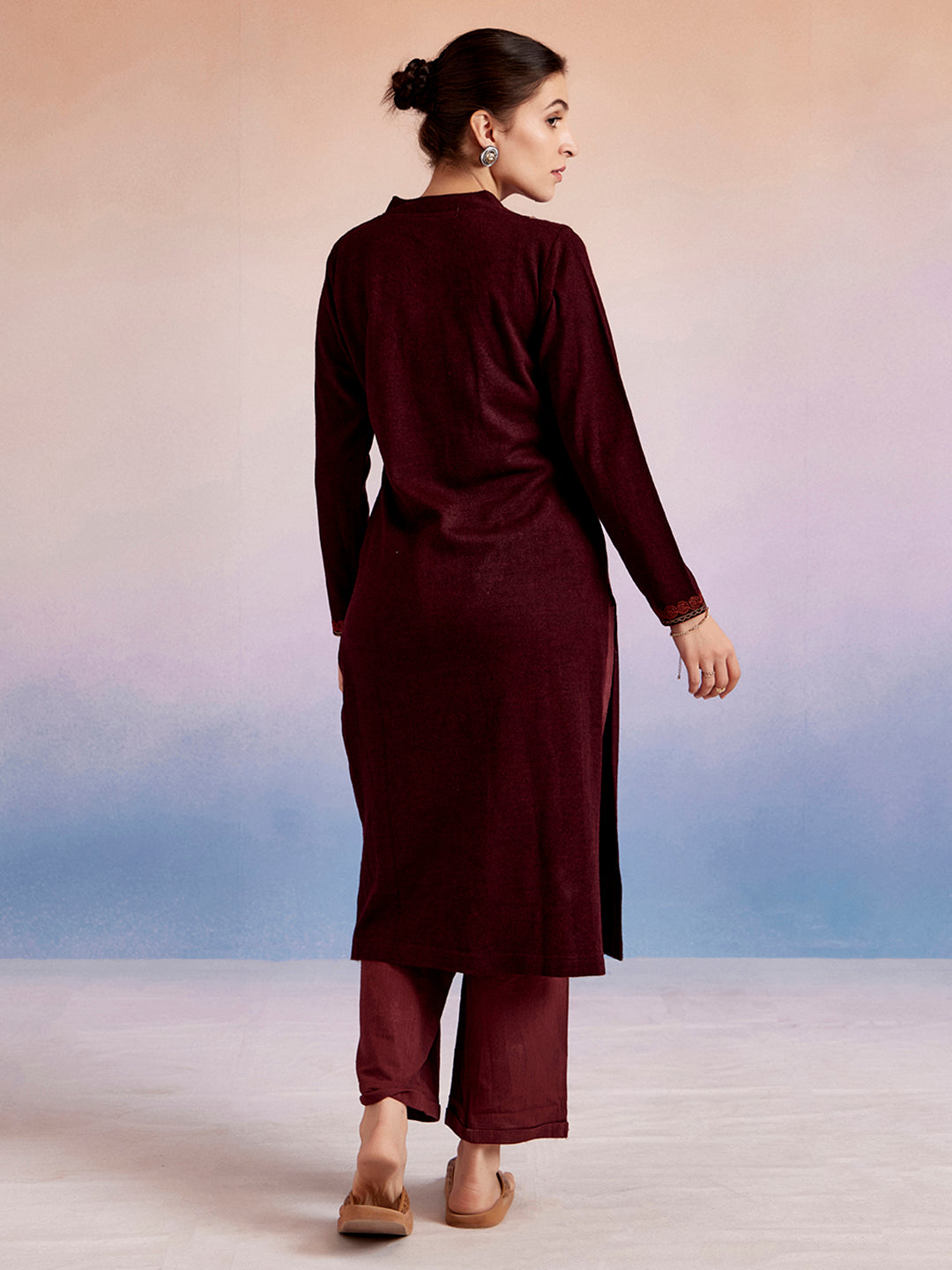 Maroon Embroidered Woolen Straight Kurta