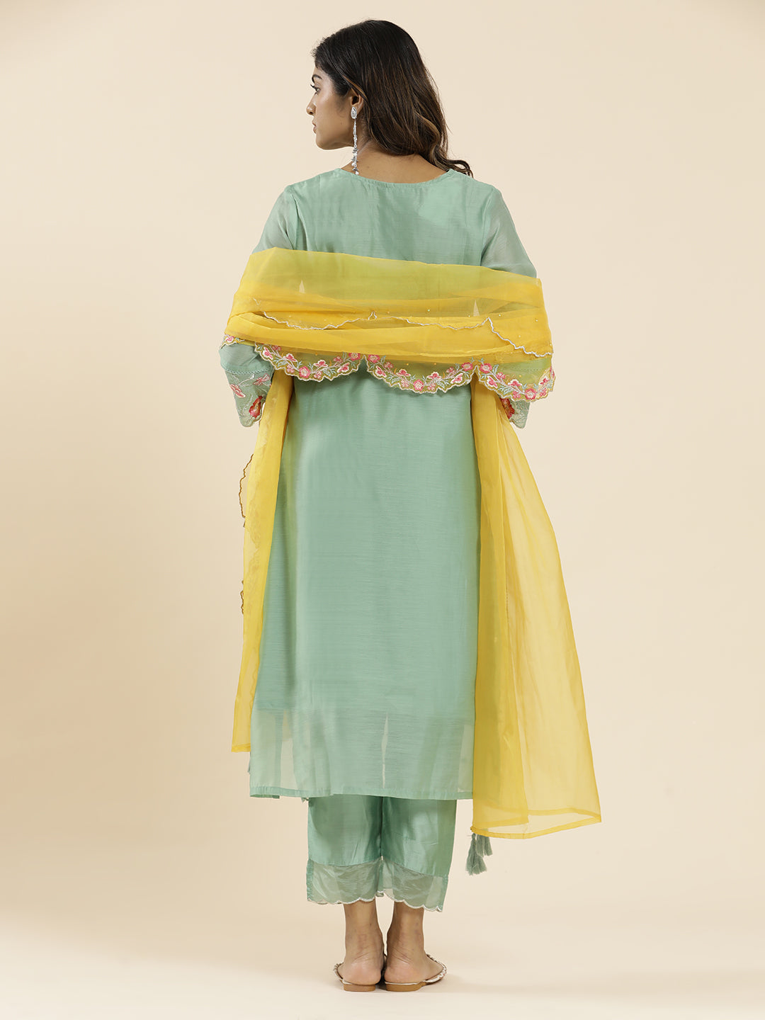 Sea Green Aari Work Straight Kurta With Pants And Dupatta