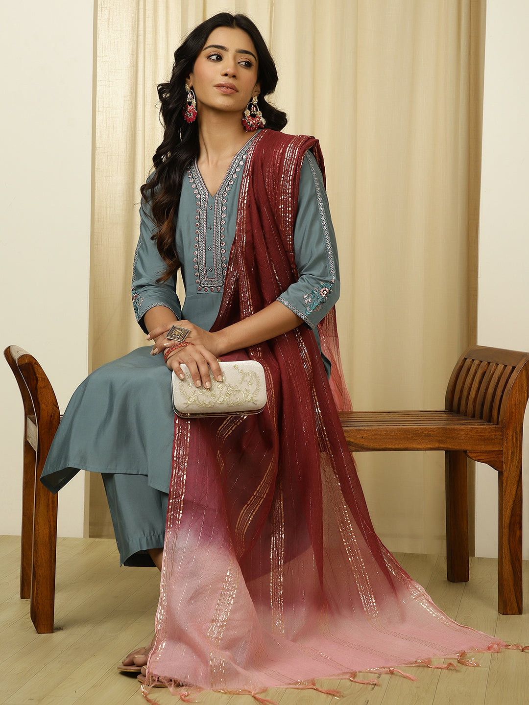 Silk Blend Grey Embroidered Suit Set