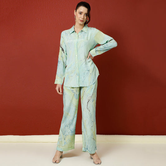 Blue Hand Marble Dyeing Office Wear Co-ord Set