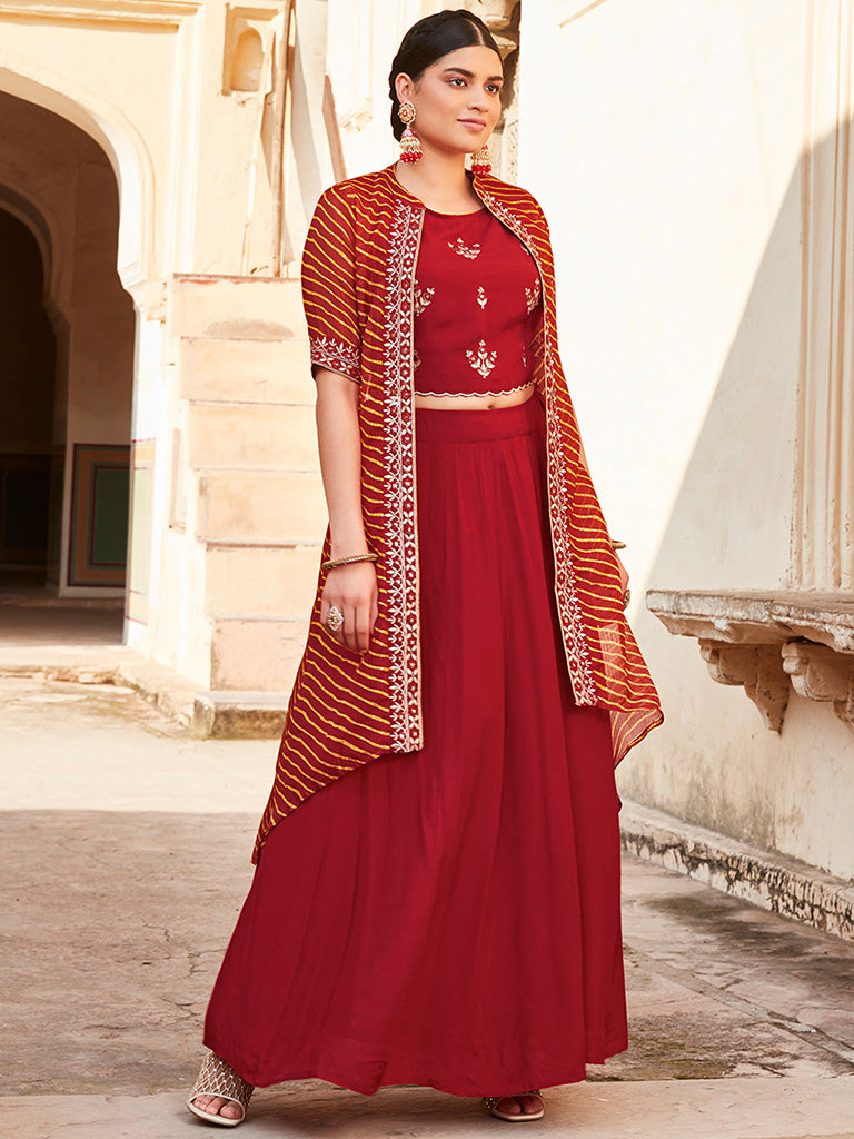 Red Gota Patti Embroidered Crop Top And Skirt With Bandhej Kota Silk Embroidered Shrug