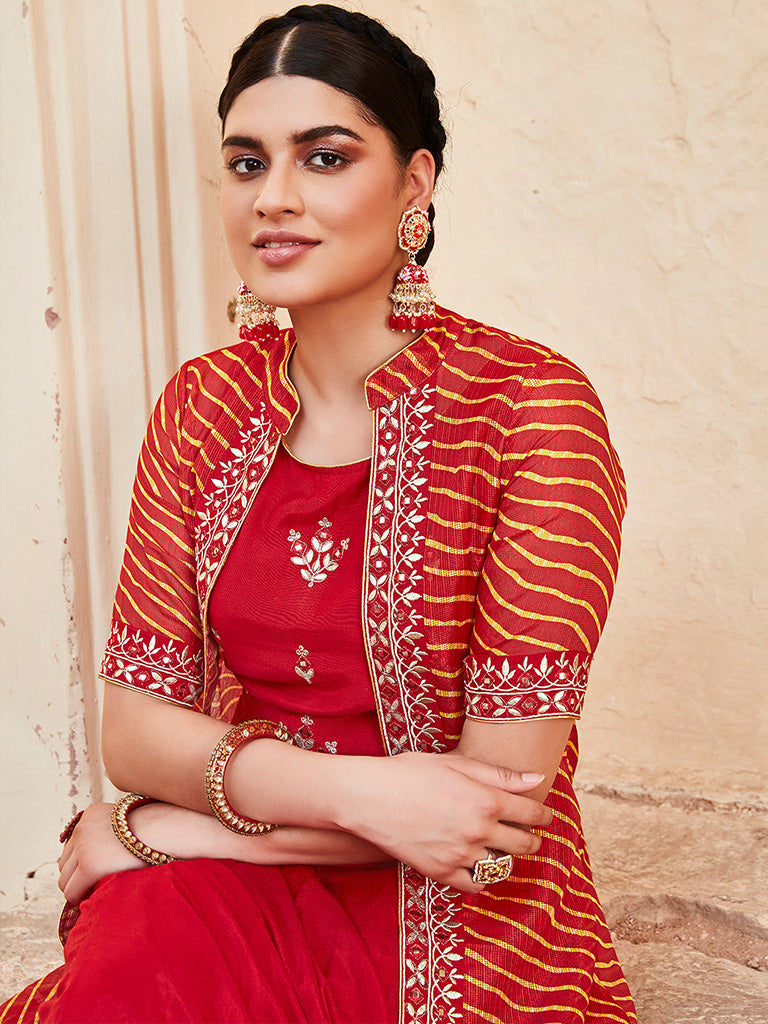 Women Red Gota Patti Embroidered Crop Top And Skirt With Bandhej Kota Silk Embroidered Shrug.