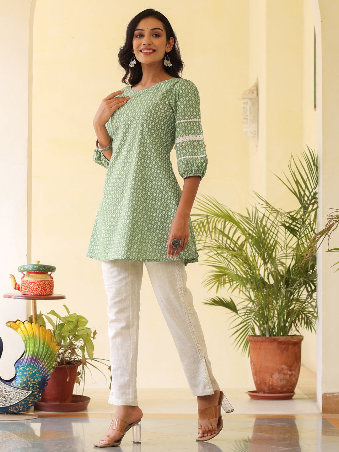 Green Ethnic Printed Cotton Crochet Lace Embellished Short Kurti