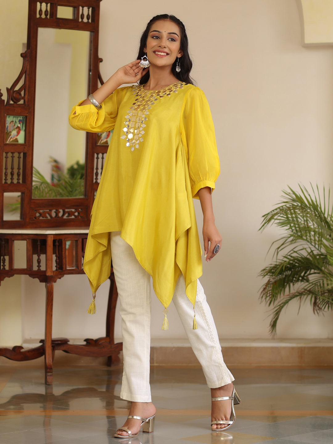 Women Yellow Hankerchief Top With Mirror Work