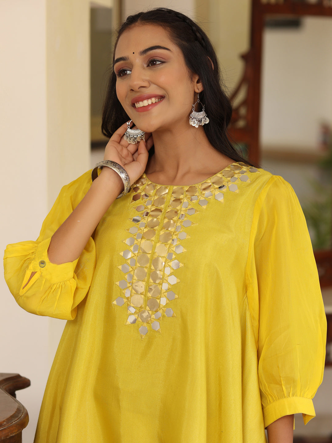 Women Yellow Hankerchief Top With Mirror Work