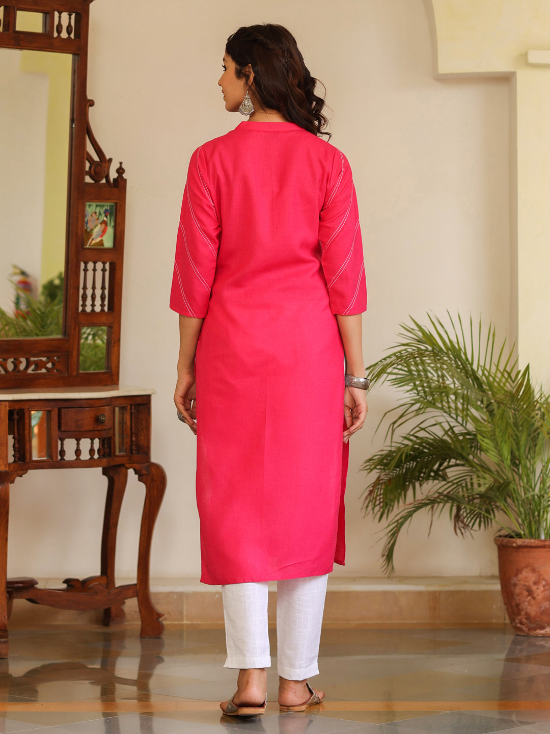 Embroidered Hot Pink Embellished Cotton Straight Kurta