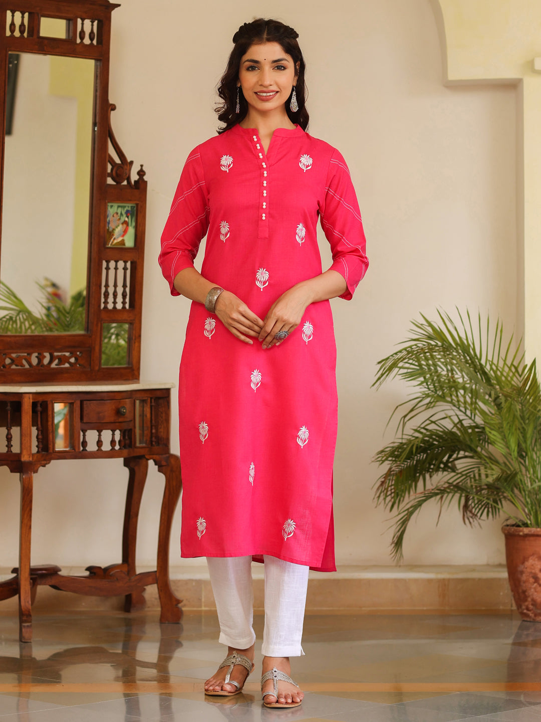 Embroidered Hot Pink Embellished Cotton Straight Kurta